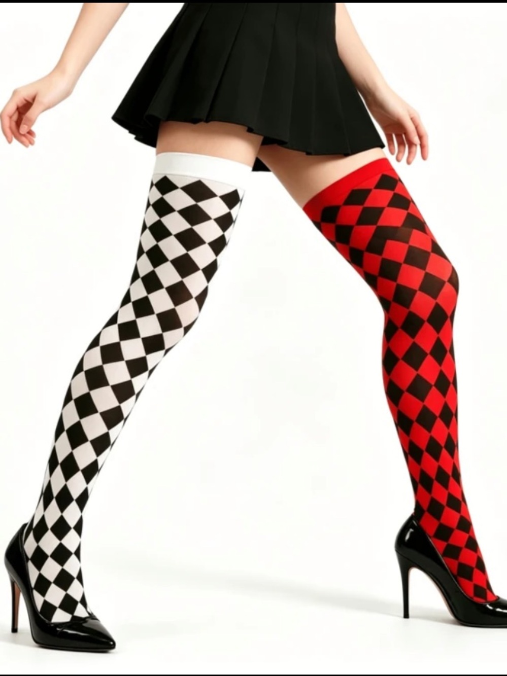 Diamond-Pattern Over-The-Knee Thigh High Socks - Red & Black / White & Black